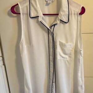 White Sleeveless Blouse with Black Trim